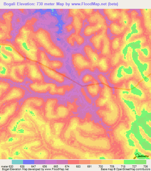 Bogali,Central African Republic Elevation Map