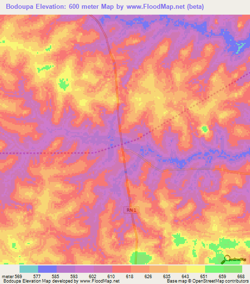 Bodoupa,Central African Republic Elevation Map