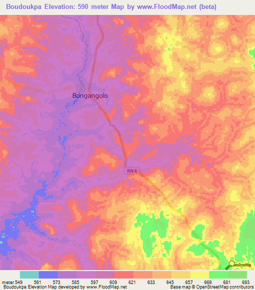 Boudoukpa,Central African Republic Elevation Map