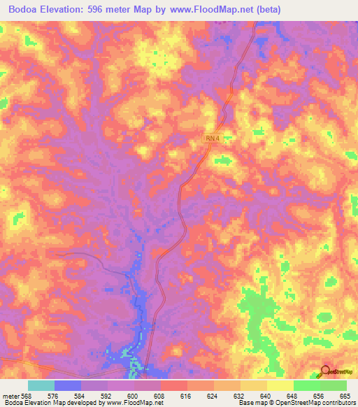 Bodoa,Central African Republic Elevation Map