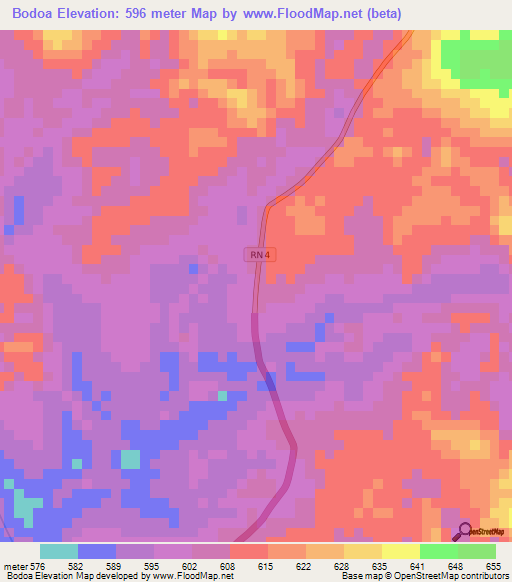 Bodoa,Central African Republic Elevation Map