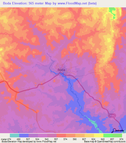 Boda,Central African Republic Elevation Map