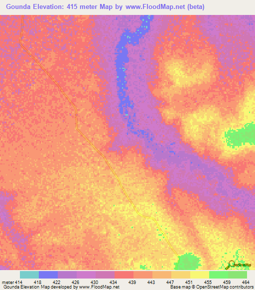 Gounda,Central African Republic Elevation Map
