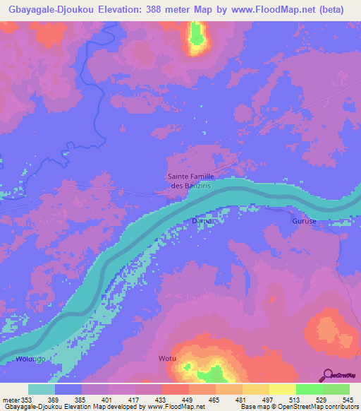 Gbayagale-Djoukou,Central African Republic Elevation Map