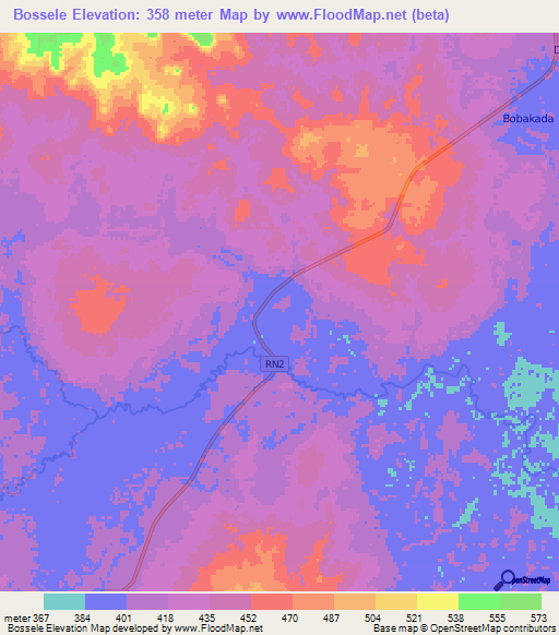 Bossele,Central African Republic Elevation Map