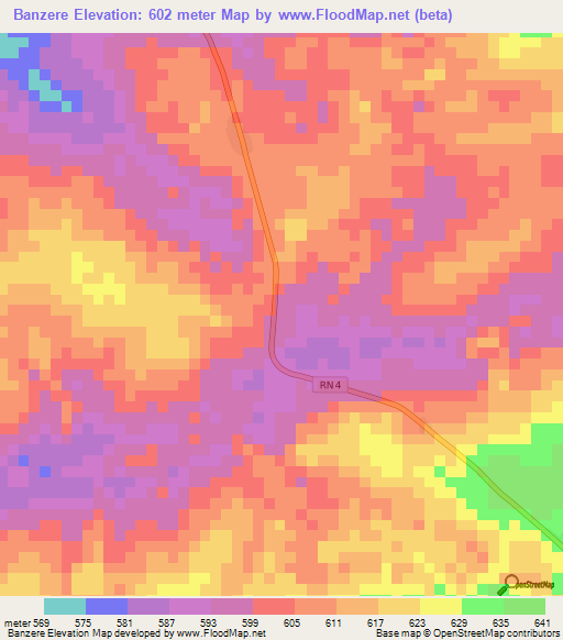 Banzere,Central African Republic Elevation Map