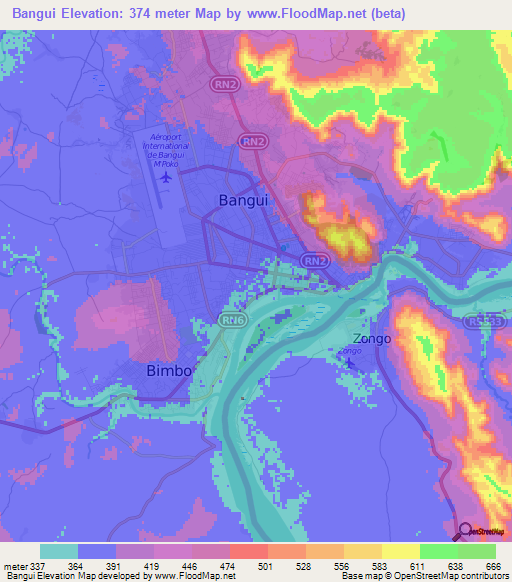 Bangui,Central African Republic Elevation Map
