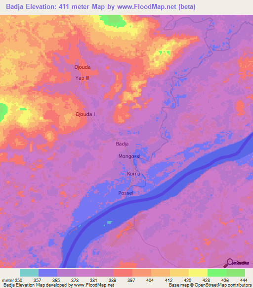 Badja,Central African Republic Elevation Map