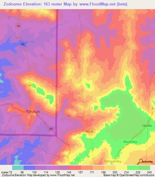 Zodoume,Benin Elevation Map