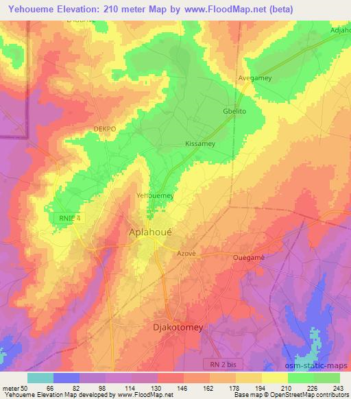 Yehoueme,Benin Elevation Map