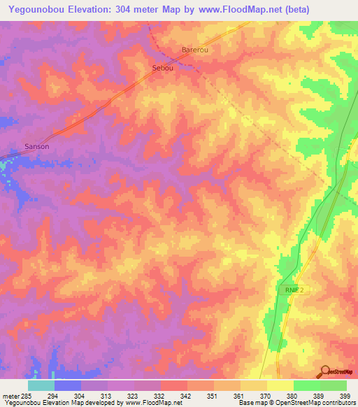 Yegounobou,Benin Elevation Map