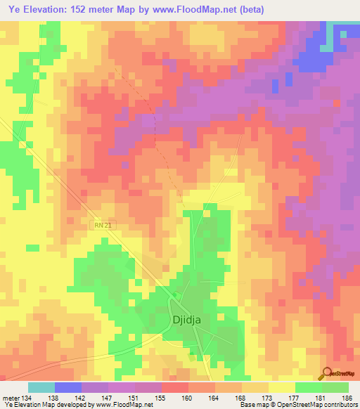Ye,Benin Elevation Map