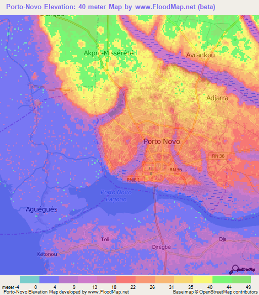 Porto-Novo,Benin Elevation Map