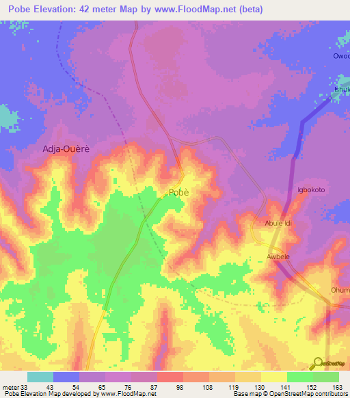 Pobe,Benin Elevation Map