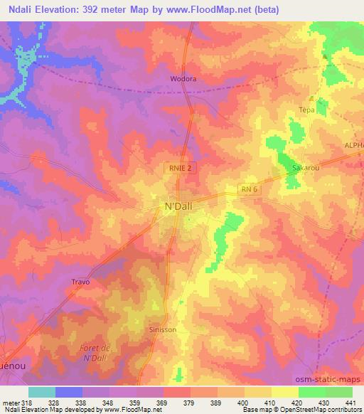 Ndali,Benin Elevation Map