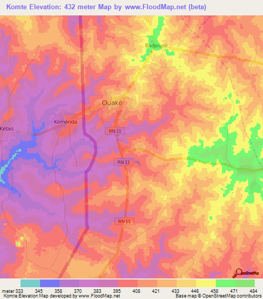 Komte,Benin Elevation Map