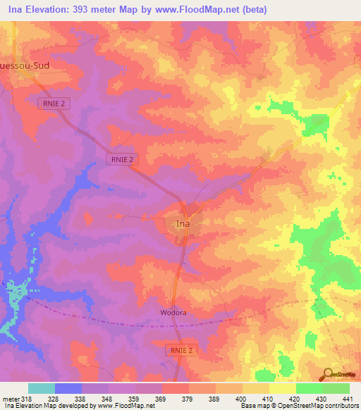 Ina,Benin Elevation Map
