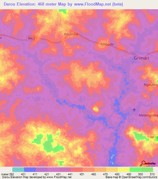 Darou,Central African Republic Elevation Map