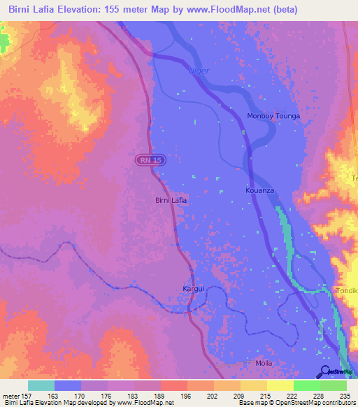 Birni Lafia,Benin Elevation Map