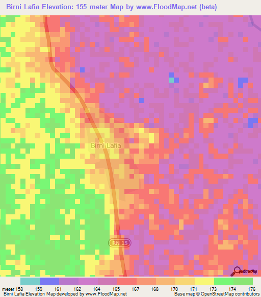 Birni Lafia,Benin Elevation Map
