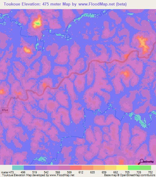 Toukoue,Gabon Elevation Map