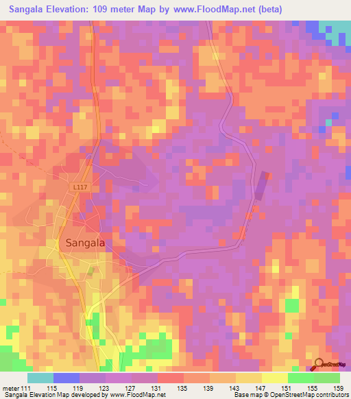 Sangala,Gabon Elevation Map