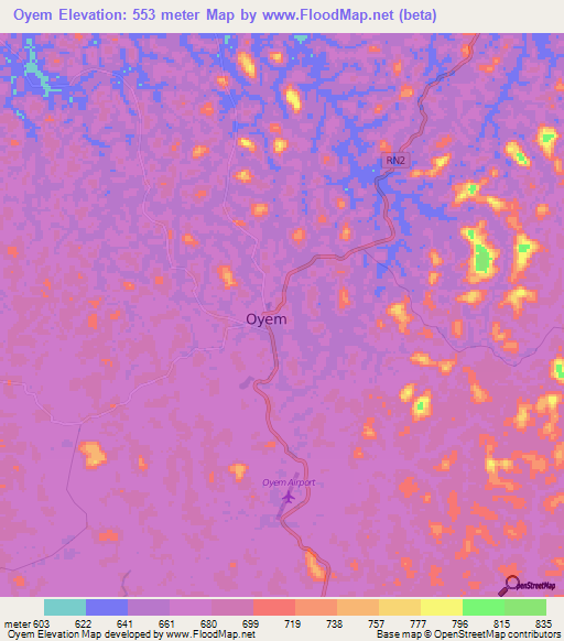 Oyem,Gabon Elevation Map