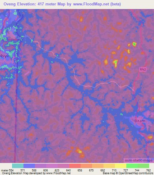 Oveng,Gabon Elevation Map