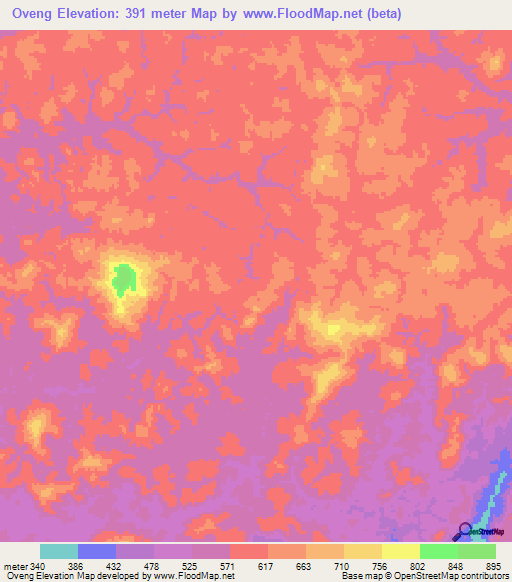 Oveng,Gabon Elevation Map