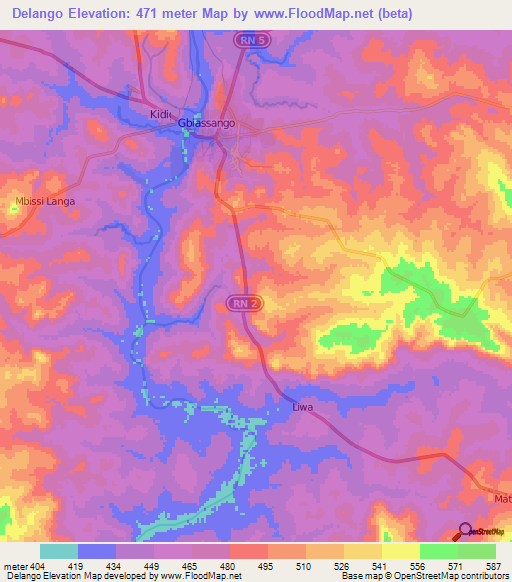 Delango,Central African Republic Elevation Map