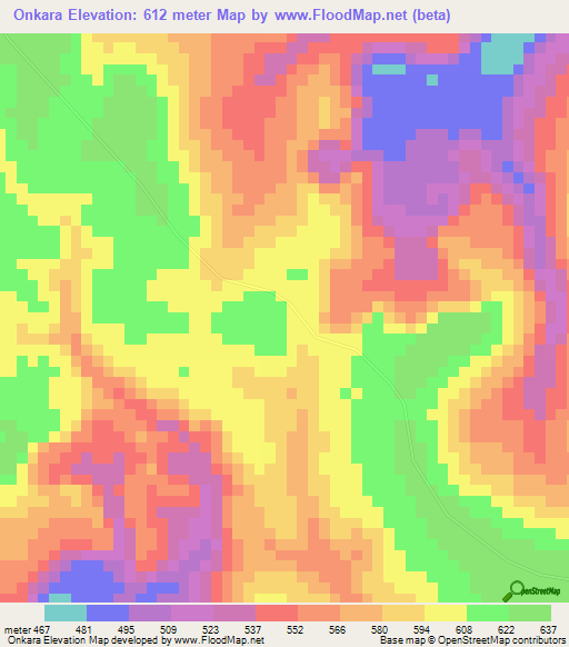 Onkara,Gabon Elevation Map