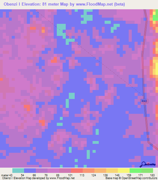 Obenzi I,Gabon Elevation Map