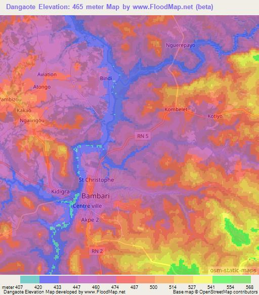 Dangaote,Central African Republic Elevation Map
