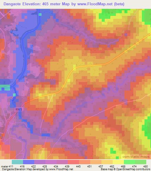 Dangaote,Central African Republic Elevation Map