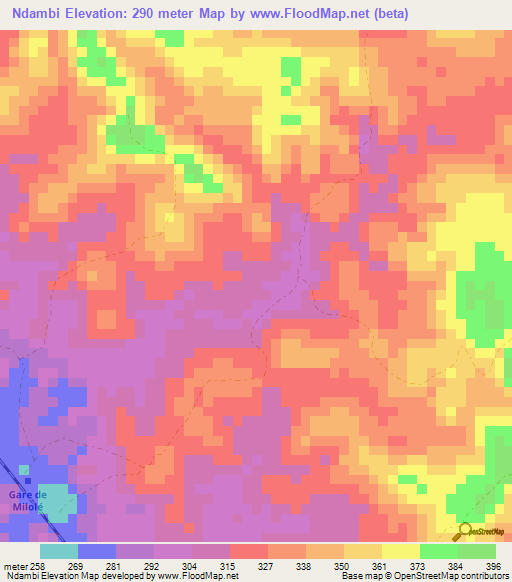 Ndambi,Gabon Elevation Map