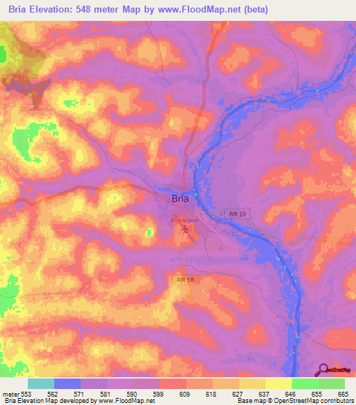 Bria,Central African Republic Elevation Map