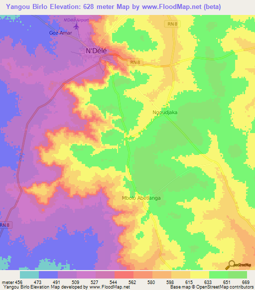 Yangou Birlo,Central African Republic Elevation Map
