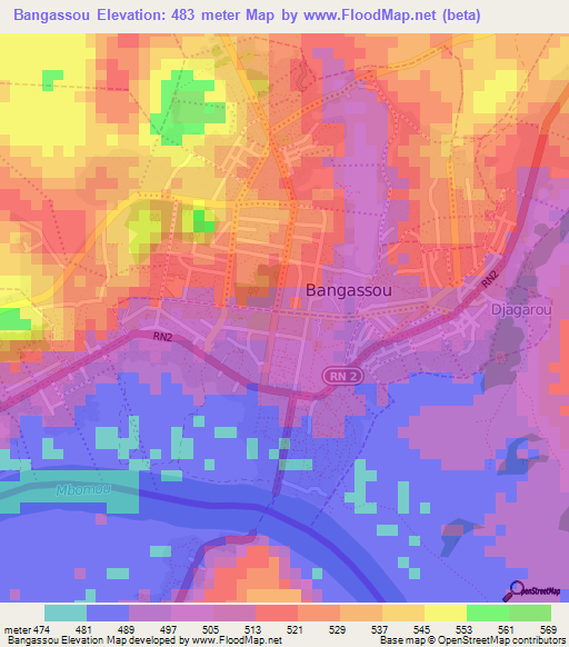 Bangassou,Central African Republic Elevation Map