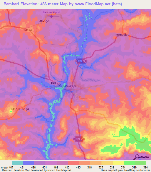Bambari,Central African Republic Elevation Map