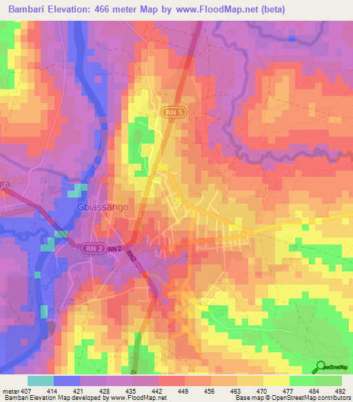 Bambari,Central African Republic Elevation Map