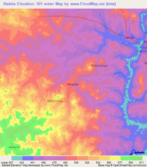 Badela,Central African Republic Elevation Map