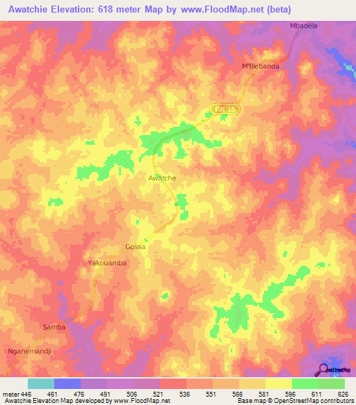 Awatchie,Central African Republic Elevation Map