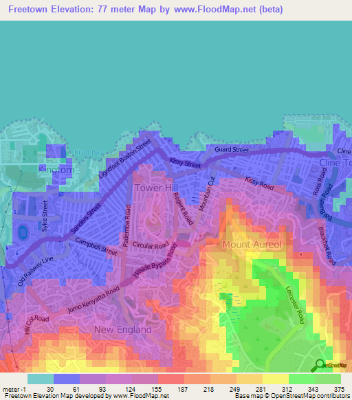 Freetown,Sierra Leone Elevation Map