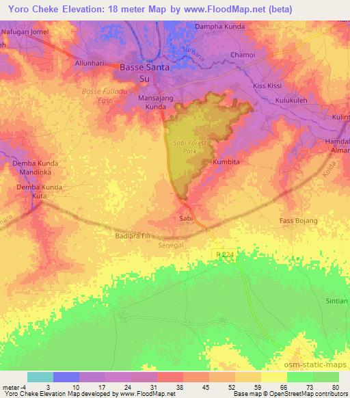 Yoro Cheke,Gambia Elevation Map