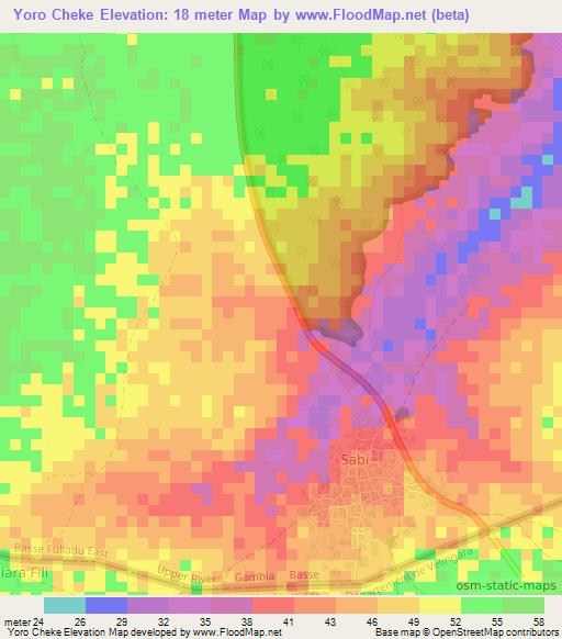 Yoro Cheke,Gambia Elevation Map