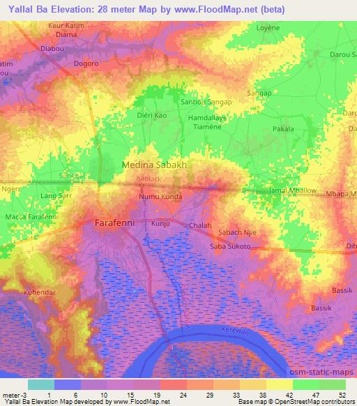 Yallal Ba,Gambia Elevation Map