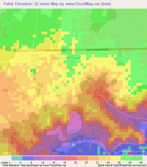 Yallal,Gambia Elevation Map