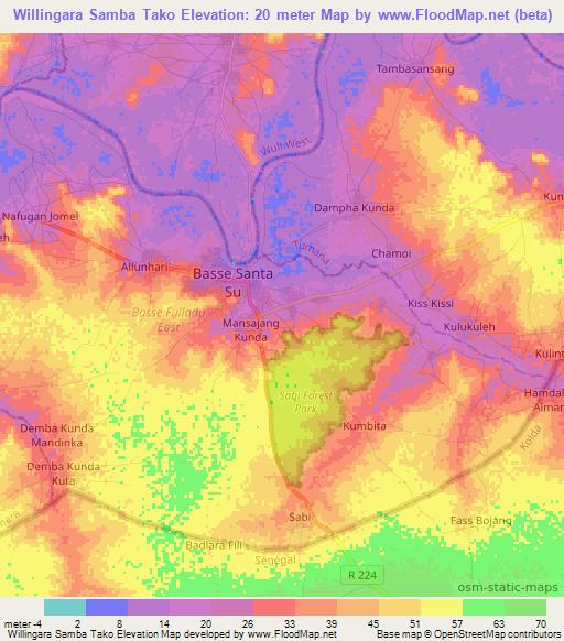 Willingara Samba Tako,Gambia Elevation Map