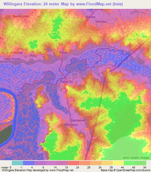 Willingara,Gambia Elevation Map