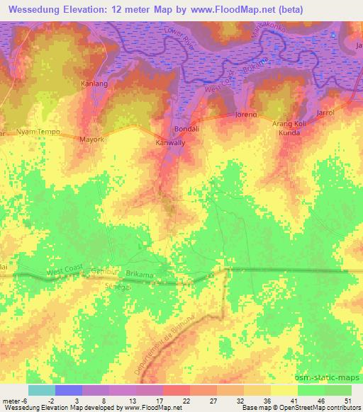 Wessedung,Gambia Elevation Map